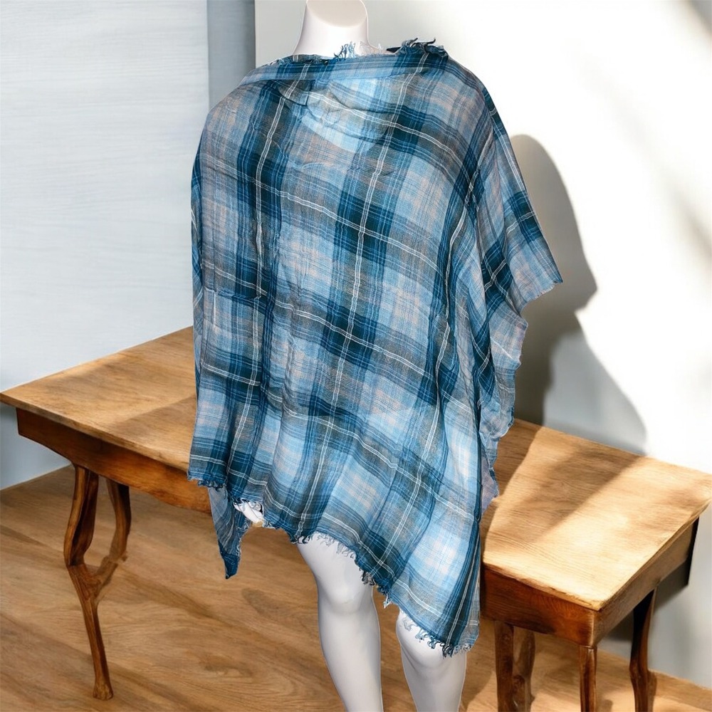 Alliance Blue Plaid Modal Wool Blend Lightweight Frayed Edge Scarf Wrap 45x32.5"